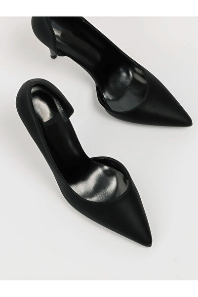 TrendyAnka Women's Black Asymmetrical Thin Heeled Suede 9cm Heeled Side Slit Stiletto Classic Heels