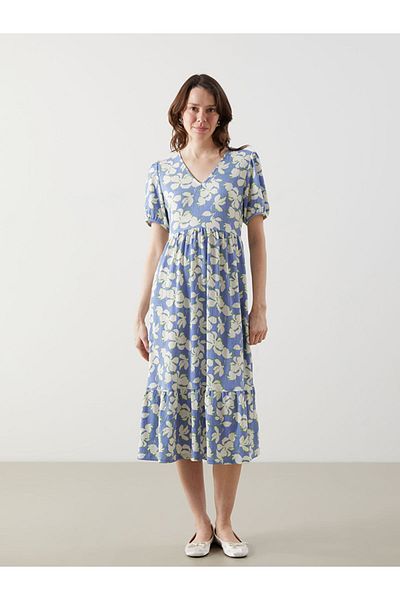 LC Waikiki Rochie de damă LCW Comfort albastră cu decolteu în V cu flori