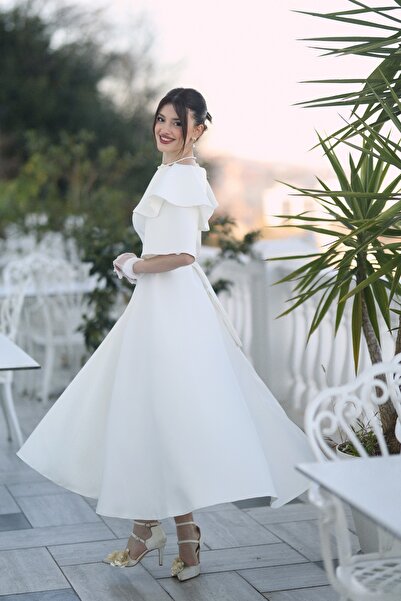 AYŞEYAMAÇLI KADIN BEYAZ DİANA KAYIK YAKA MİDİ BOY ABİYE ELBİSE