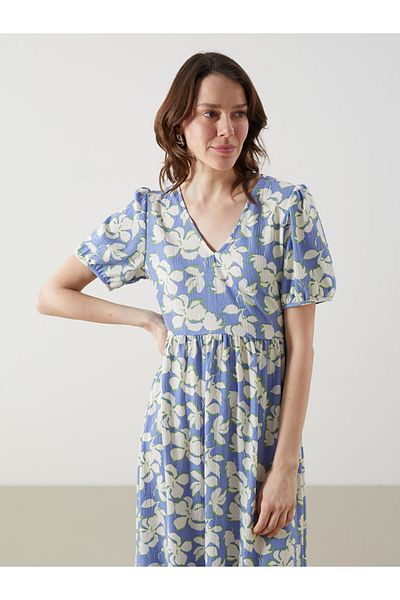 LC Waikiki Rochie de damă LCW Comfort albastră cu decolteu în V cu flori