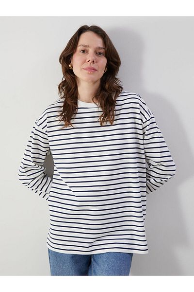 LC Waikiki Lcw Comfort Navy Blue Crew Neck Striped Women's Sweatshirt
