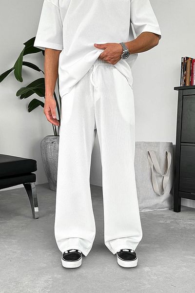 HAFKAGİYİM Ecru Thin Rib Baggy Trousers