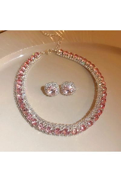 Choice pink Luxury Crystal Necklace Earrings Set Pink ABcolourful Necklace for Women Weddings Party Jewelry