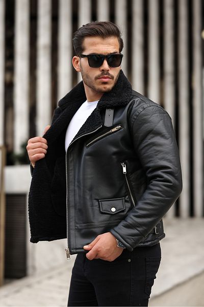 Jaglion Men's North Black Napa Leather Full Fur Inside Slim Fit Coat & Jacket