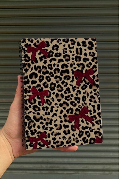 Namgo Caiet A5 pe spirală Colaj cu leopard cu panglică roșie (200 de coli)