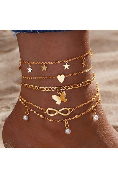 Choice 19283 IPARAM Exquisite Metal Butterfly Star Heart Pendant Anklets Set Bohemia Vintage Pearl Pendant