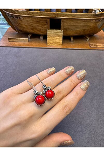 Gümüşhanesi Mercan taşından otantik gümüş küpe