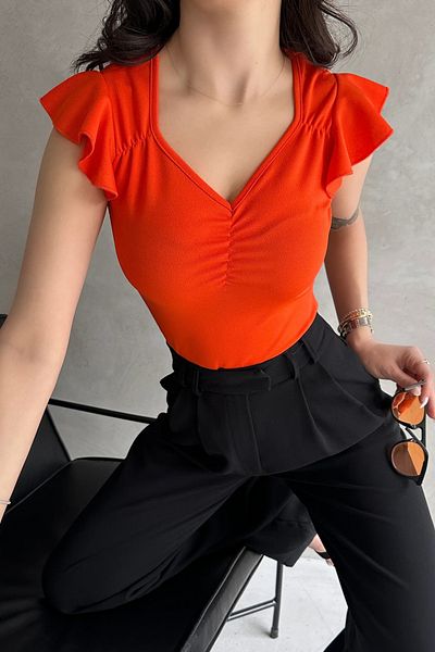 Fav Style Πορτοκαλί γυναικεία μπλούζα - V λαιμόκοψη και φουντωτοί ώμοι