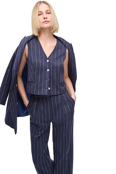 Perspective Navy Blue Tiran Regular Fit V-Neck Striped Vest