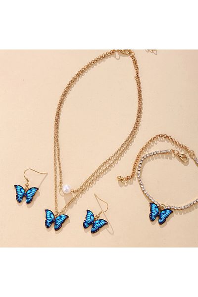 Choice 40cm Blue 3pcs Butterfly Pendant Necklace, Earrings And Bracelet Combination Set, Suitable For Women