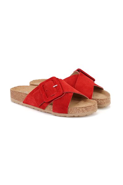 Desa Women's Red Adjustable Buckle Suede Leather Slippers