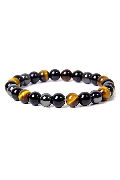 Choice سوار من خرز عين النمر من الهيماتيت الأسود الطبيعي بطول 18.5 سم، 3 ألوا...