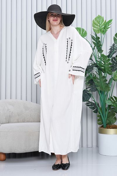 BeyzaBayram Women's White Front Back Embroidered Large Size Oversize Button Long Dress