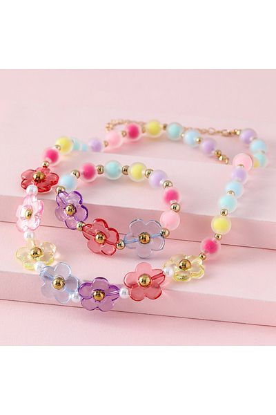 Choice T25-01 2Pack Princess Baby Girl Flower Beaded Chain Necklace with Bracelet Jewelry Set for Girls Dau