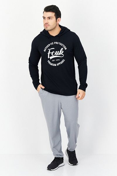 French Connection Men Hooded Long Sleeve Graphic T-shirt, Navy Blue/white