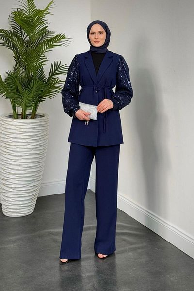 MERVEN AKYÜZ Marbella Sleeves Sequin Blazer Jacket Pants Suit Navy Blue