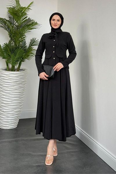 MERVEN AKYÜZ Black Cotton Voile Skirt and Lai Button Suit