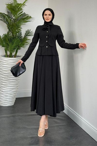 MERVEN AKYÜZ Black Cotton Voile Skirt and Lai Button Suit