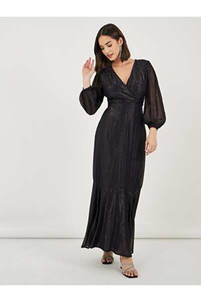 Styli فستان ماكسي بتصميم ملفوف منقوش بأكمام منفوخة وحافة حورية البحر