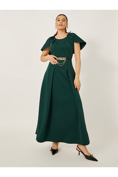 Styli Cape Sleeve A-Line Maxi Dress with Chain Belt Detail