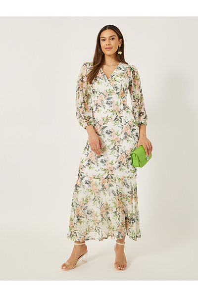 Styli Floral Print Balloon Sleeves Mermaid Hem Maxi Dress
