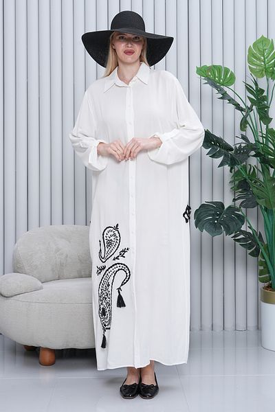 BeyzaBayram Women's White Embroidered Back Tasseled Large Size Oversize Buttoned Long Viscose Dress
