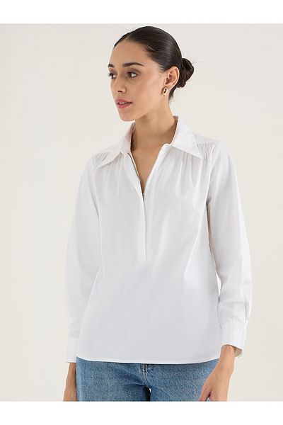 Femmella By Styli Solid Collared Cotton Top with Zipper Detail