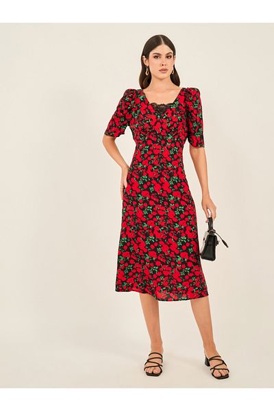 Styli Floral Print Short Sleeves Sheath Midi Dress