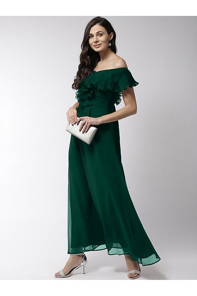 Mish By Styli Off Shoulder Neck Ruffle Detail Flared Hem Maxi Dress