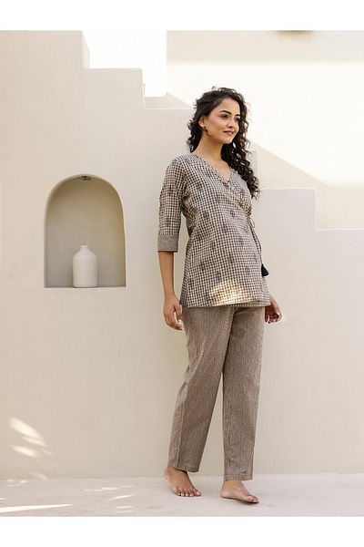 Sanskrutihomes By Styli All-Over Print Wrap Top with Striped Trousers Co-Ords