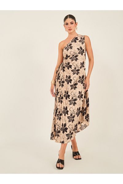 Styli All-Over Print One Shoulder Midi Dress with Ruched Detail