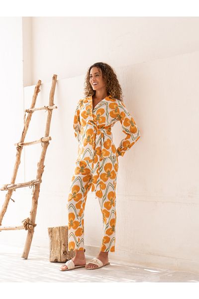 Sanskrutihomes By Styli Floral Print Notch Label Neck Cotton Shirt with Trousers Co-Ords
