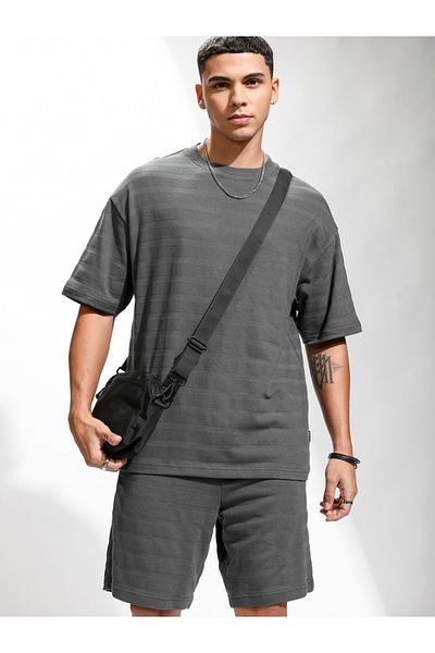 Highlander By Styli Self Design Round Neck T-Shirt and Shorts