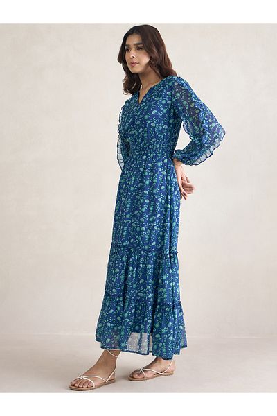 Femmella By Styli Floral Print Ruffle Detail Notch Neck Maxi Dress