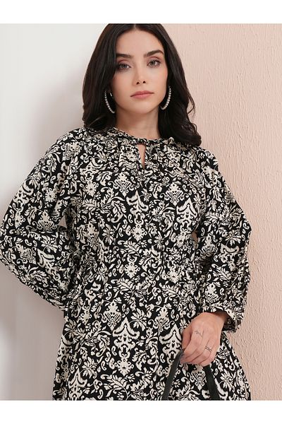 Tokyo Talkies By Styli All-Over Floral Print Tie-Up Neck Midi Dress