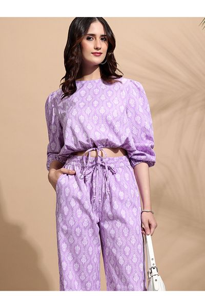 Tokyo Talkies By Styli All-Over Print Round Neck Balloon Sleeve Crop Top with Trousers Co-Ords