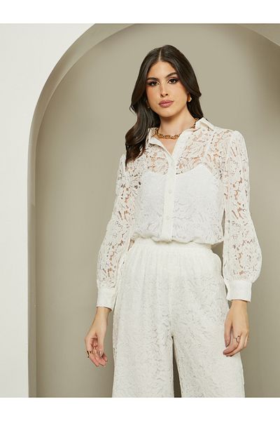 Styli Textured Balloon Sleeve Spread Collar Lace Shirt