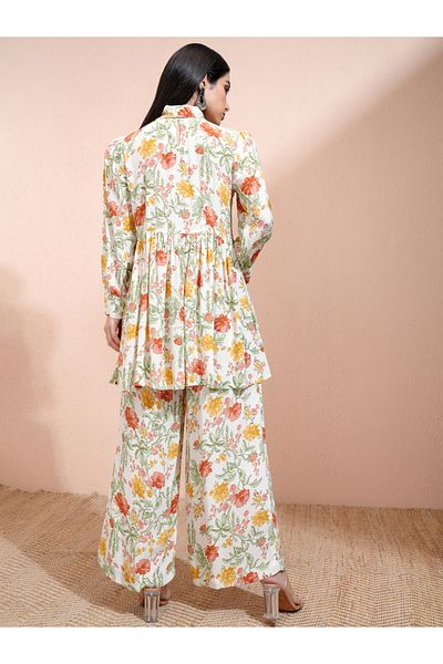 Vishudh By Styli All-Over Floral Print Tie-Up Neck Longline Tunic with Palazzo Pants Set