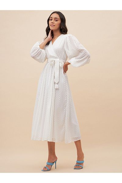Femmella By Styli Textured Dobby Wrap Midi Dress with Waist Tie Detail