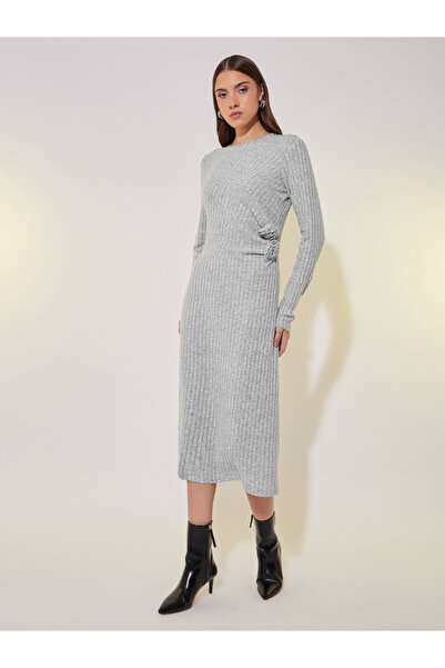 Take Two By Styli Textured Rib Knit Flower Corsage Long Sleeve Midi Dress