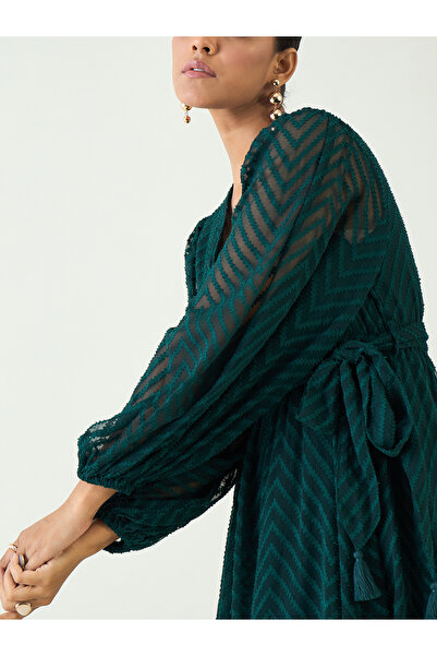 Femmella By Styli Chevron Dobby Wrap Maxi Dress with Waist Tie Detail