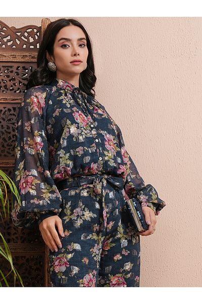 Vishudh By Styli All-Over Floral Print Balloon Sleeve Top with Joggers Co-Ords