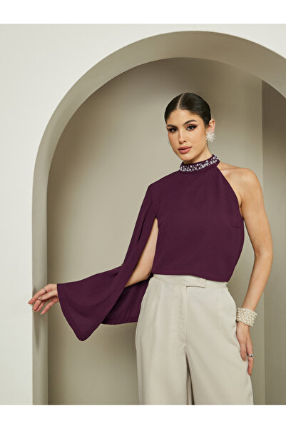 Styli Embellished One Cape Sleeve Halter Neck Blouse