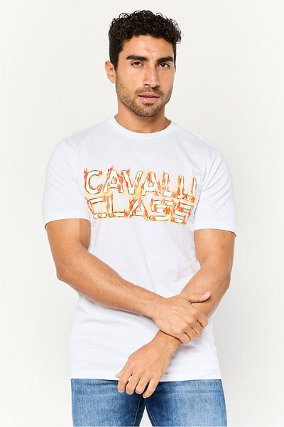 Cavalli Class Men Crew Neck Short Sleeve Brand Logo T-shirts, White