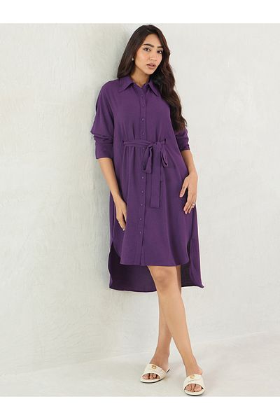 Femmella By Styli Solid Button Down Shirt Knee-Length Dress with Tie-Up Belt
