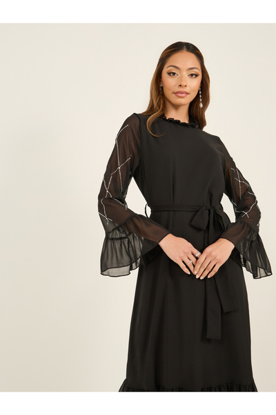 Styli Embellished Ruffle Hem Maxi Dress with Waist Tie Belt