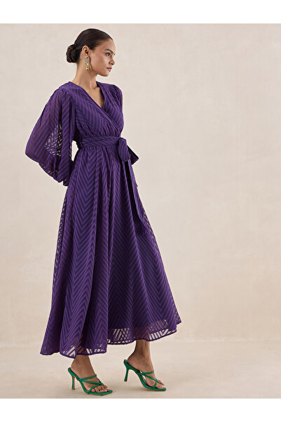 Femmella By Styli Chevron Dobby Wrap Maxi Dress with Waist Tie Detail