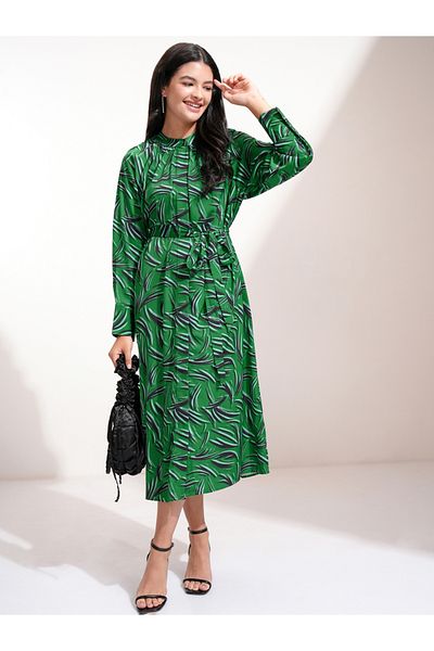 Tokyo Talkies By Styli All-Over Print Waist Tie-Up Midi Dress