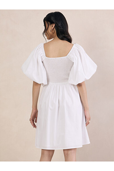 Femmella By Styli Puff Sleeve Square Neck Mini Dress with Smocked Detail