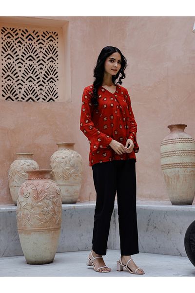 Sanskrutihomes By Styli All-Over Print V-Neck Top with Straight Fit Trousers Co-Ords
